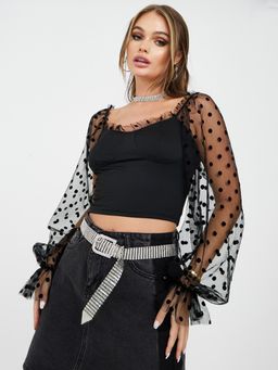 Styli - Mesh Polka Dot Long Sleeves Crop Blouse